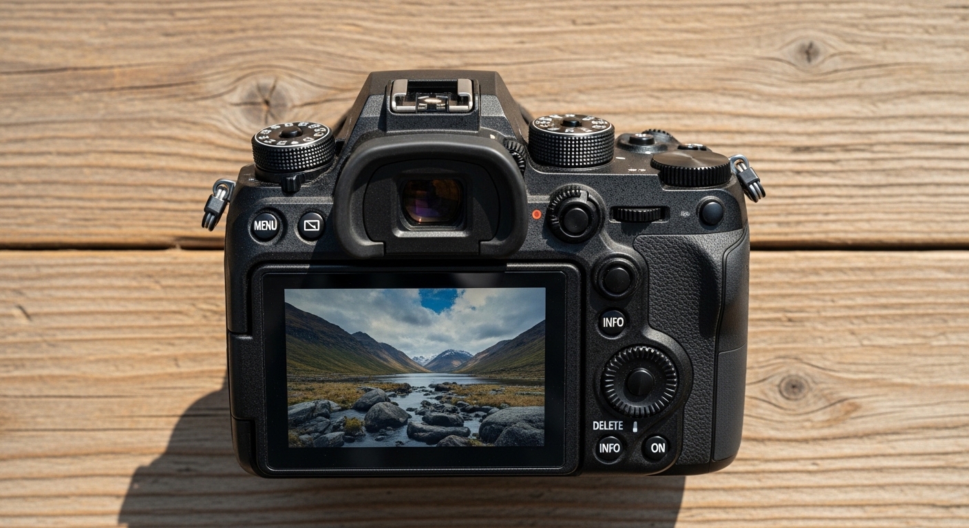 Professional camera with touchscreen and physical dials overhead view