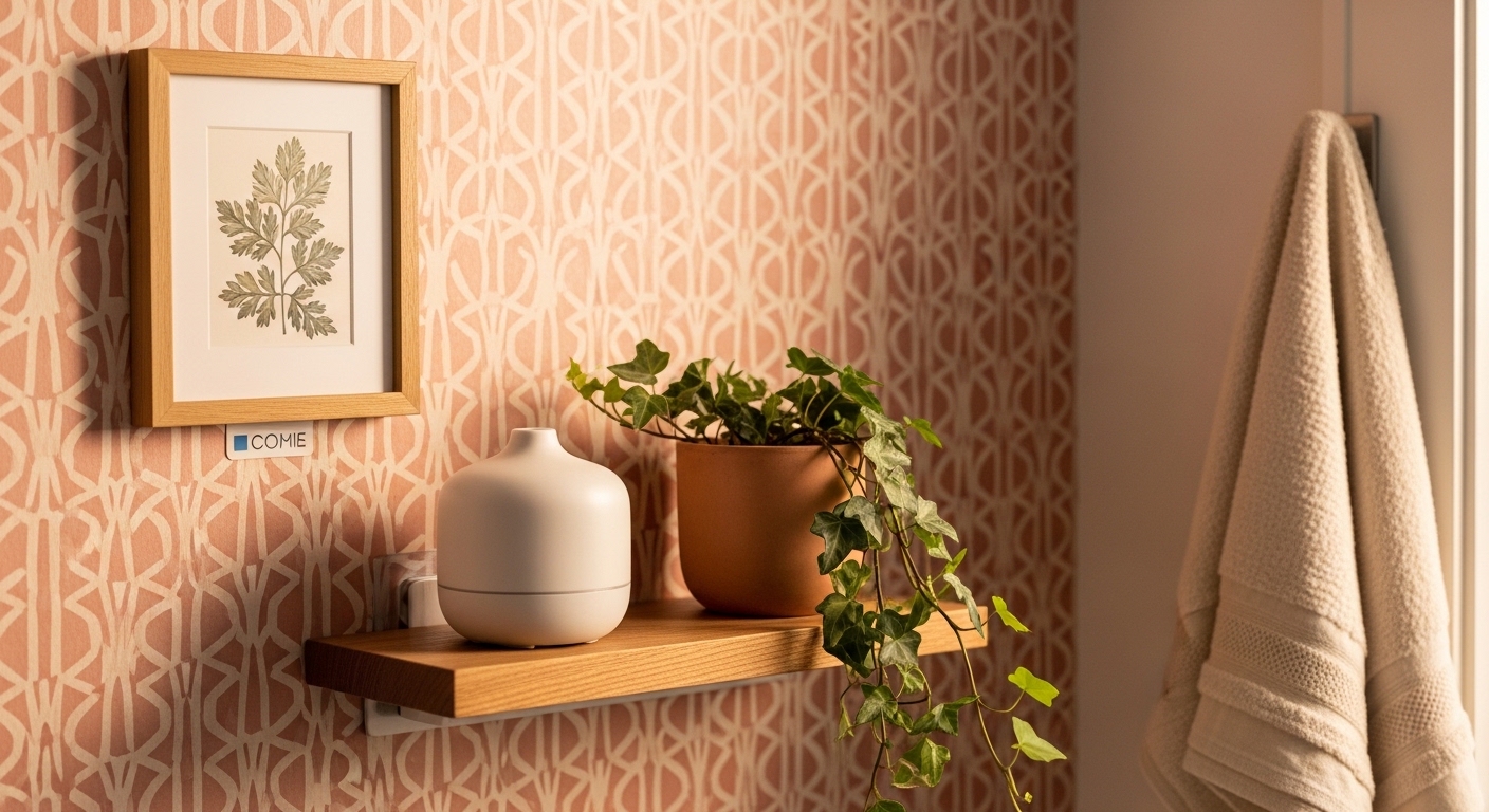 Removable wallpaper and botanical print on rental bathroom wall