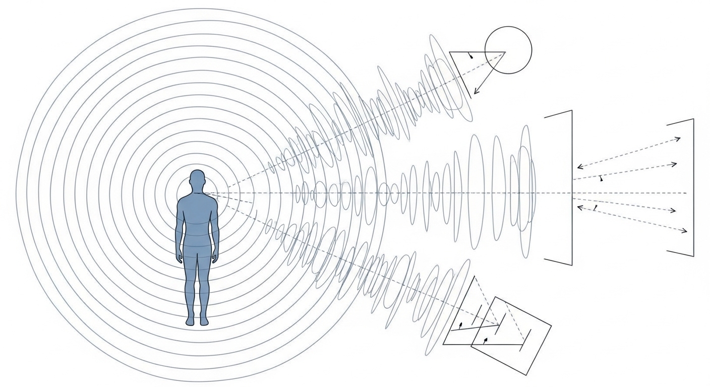 Diagram of sound waves reflecting off objects for echolocation