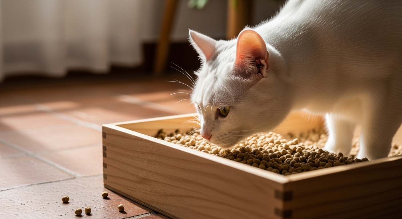 white cat sniffing tofu pellet litter in wooden litter box