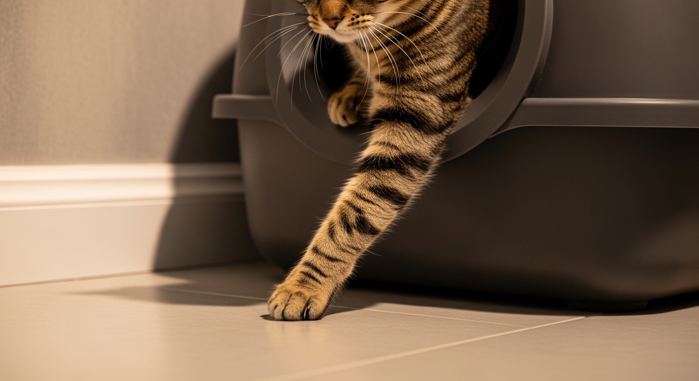 tabby cat exiting a gray hooded litter box indoors