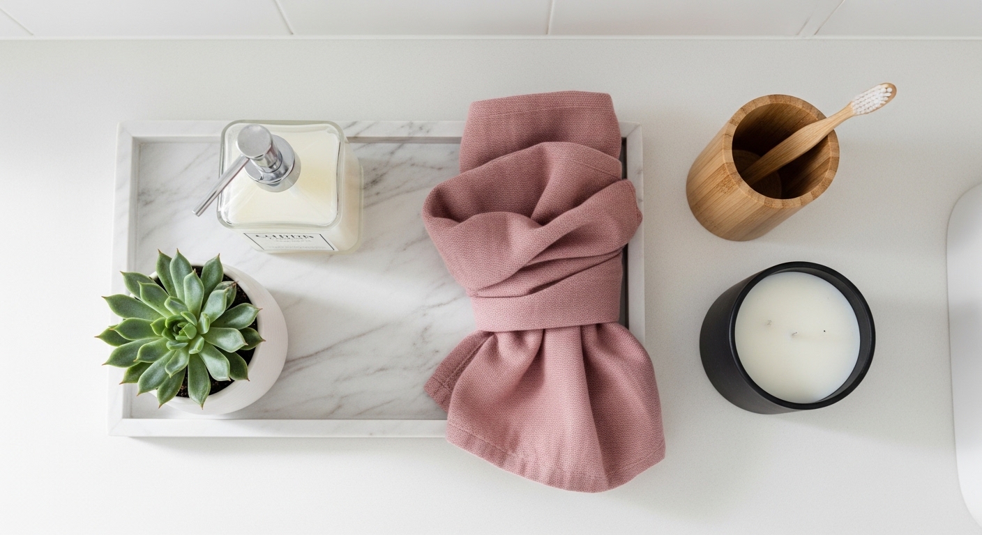 Overhead flat-lay of styled bathroom vanity with tray and accessories