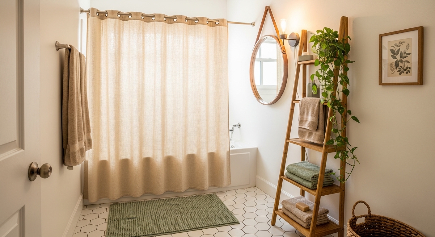 Fully styled budget rental bathroom with linen curtain and bamboo shelf