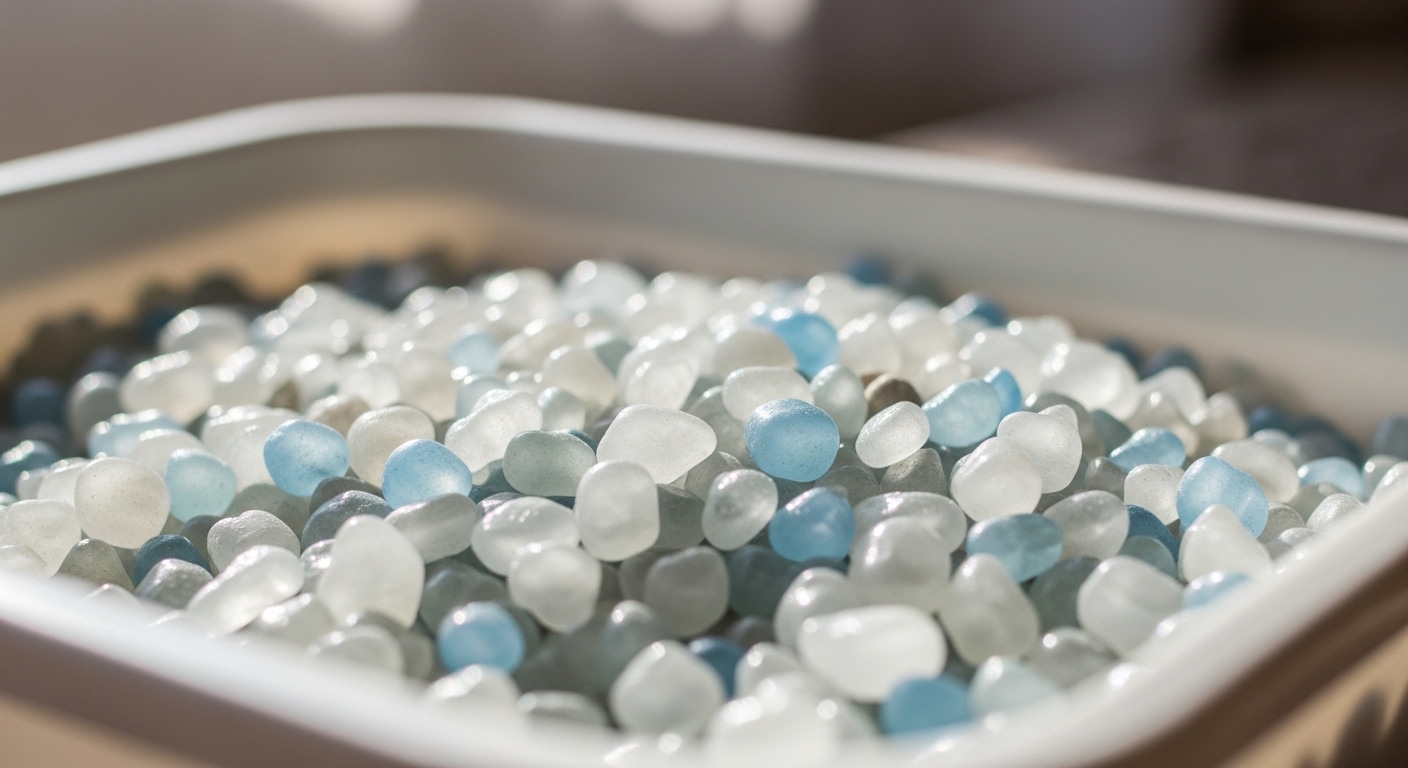 silica gel crystal cat litter in white tray close-up