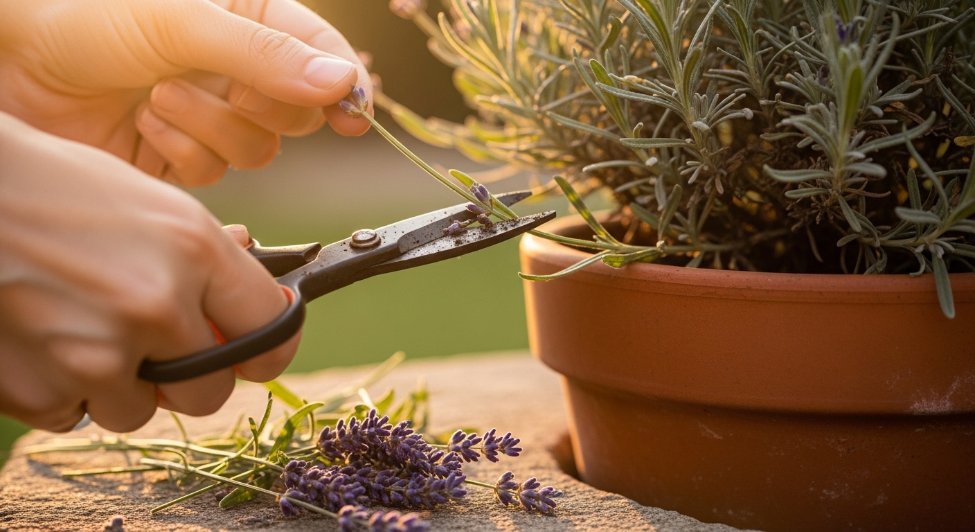 Pruning lavender stems with scissors in warm afternoon light