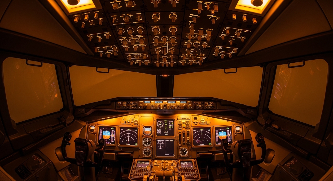 Airplane cockpit with physical switches and controls