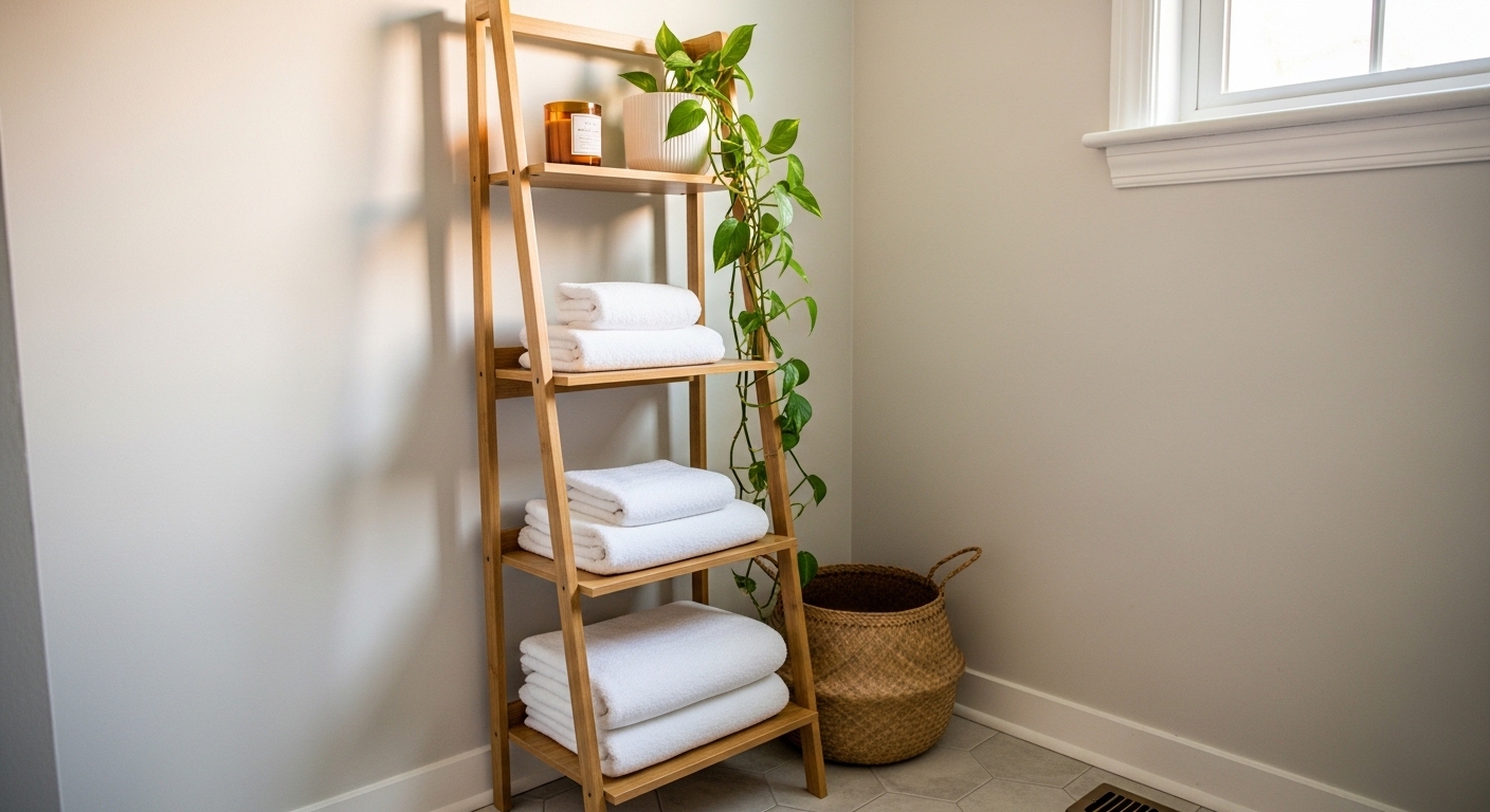 Bamboo ladder shelf with towels, plant, and woven basket in bathroom corner