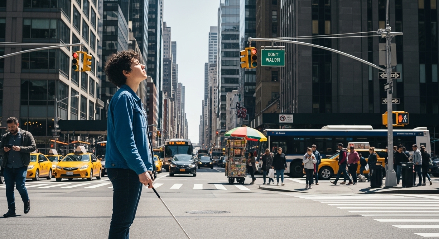 Blind person pausing at a street corner to listen