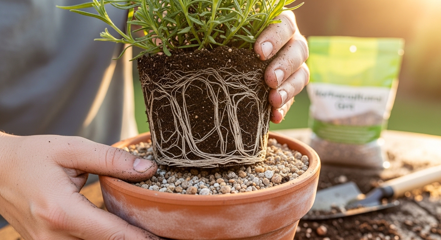Hands repotting lavender into terracotta pot with gritty soil mix