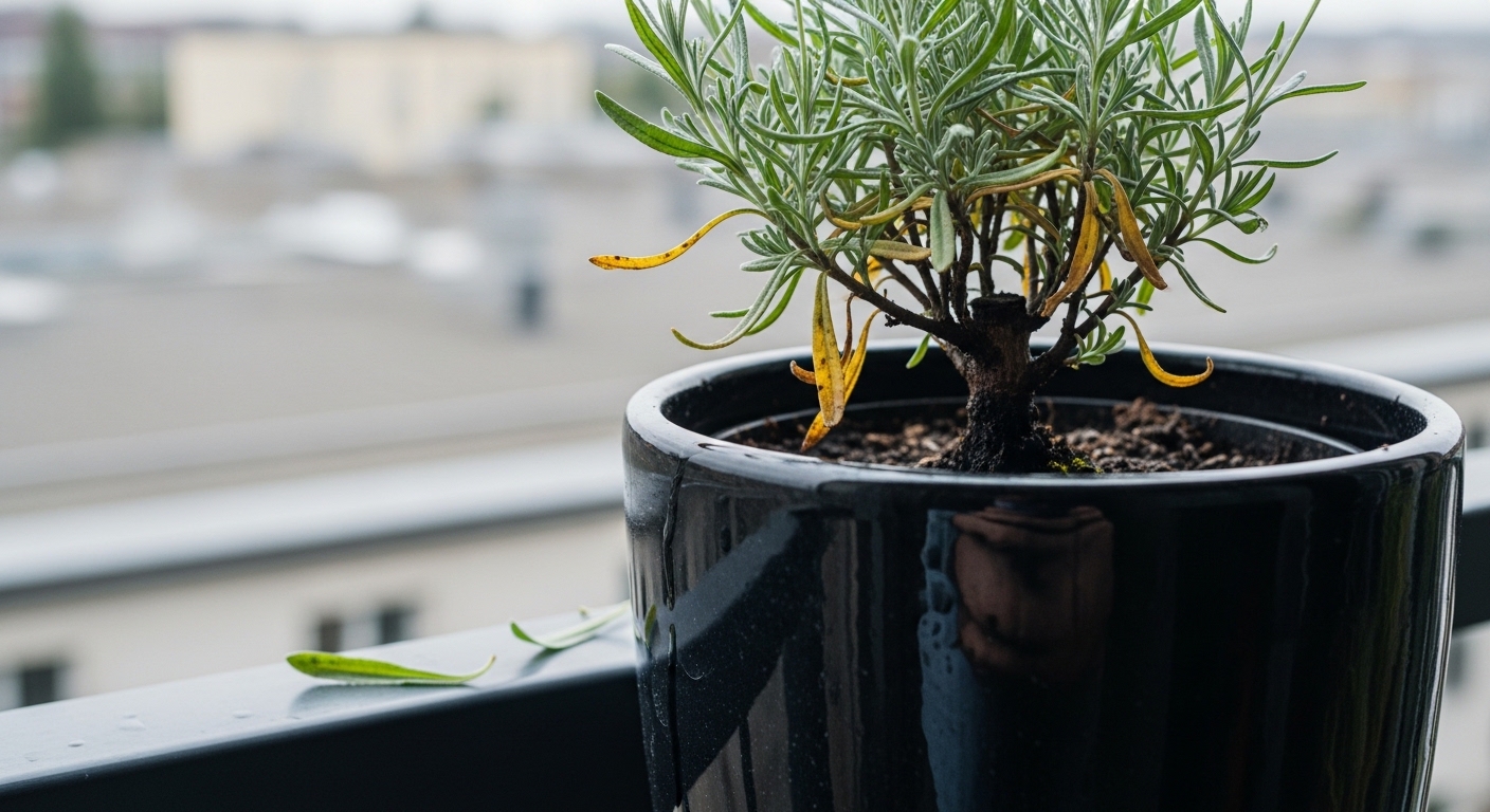 Lavender showing overwatering stress in glazed ceramic pot on balcony