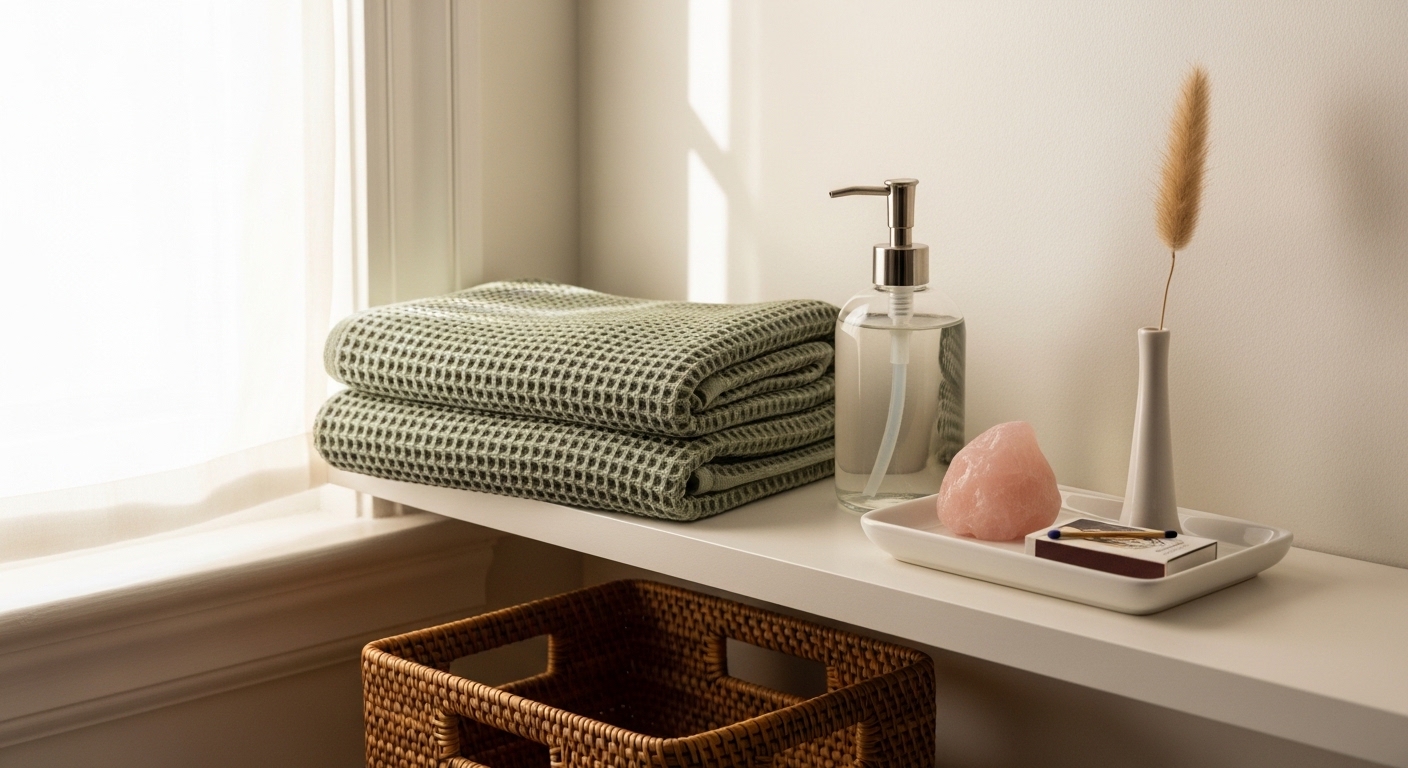 Styled bathroom shelf with sage towel, glass soap pump, and rattan basket