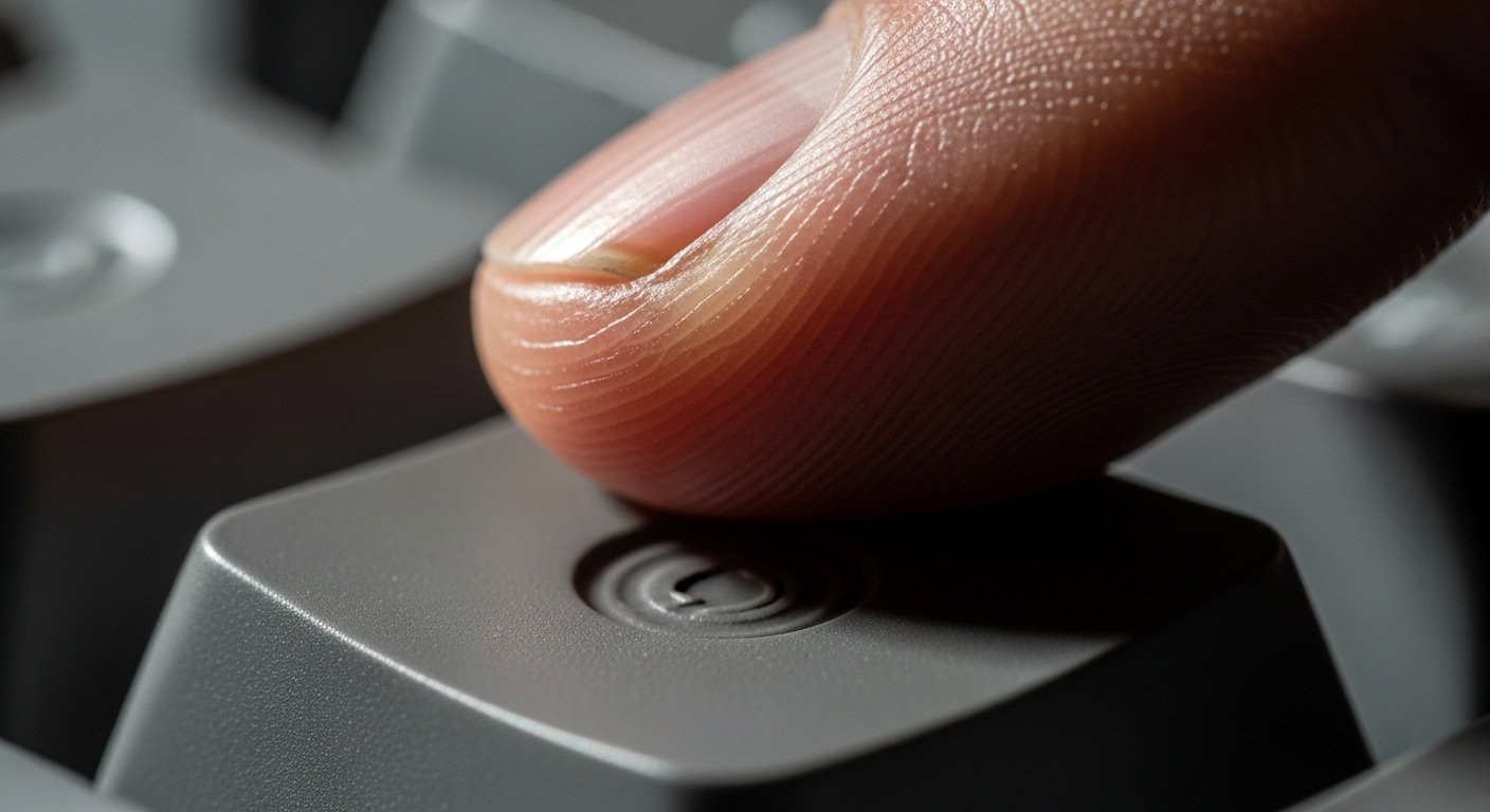 Fingertip pressing a tactile physical button close-up
