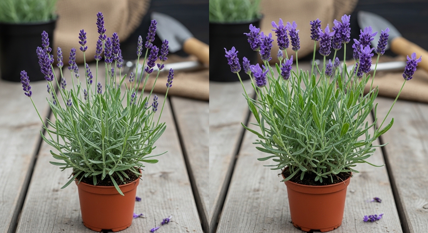 Two lavender species in terracotta pots on wooden potting bench