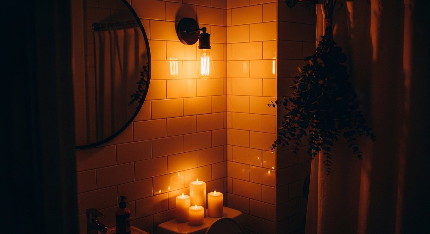 Warm candlelit rental bathroom with plug-in sconce and eucalyptus bundle