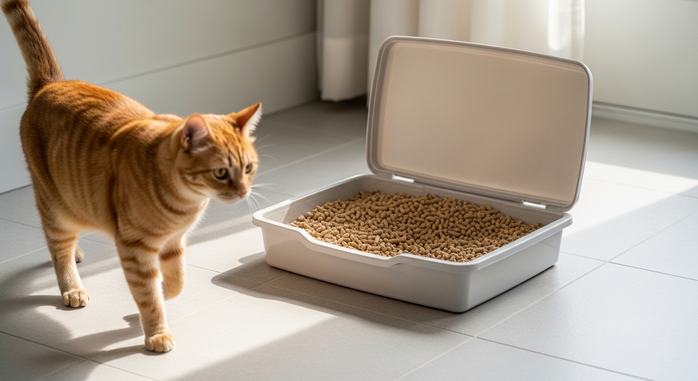 ginger cat near wood pellet litter tray on tiled floor