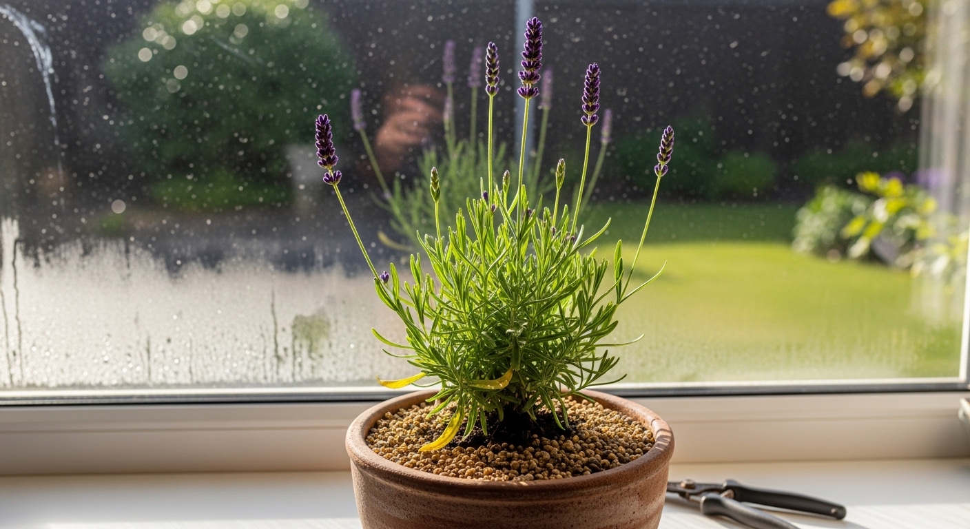 Lavender on sunny south-facing indoor windowsill with morning light