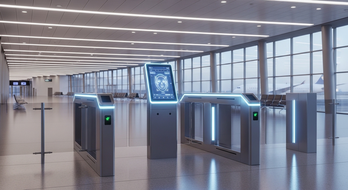 Airport biometric e-gate with face scan screen