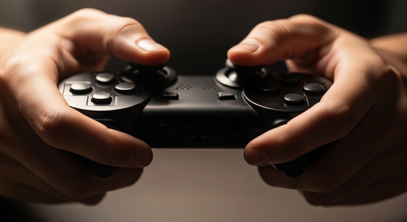 Hands holding a game controller for cloud gaming