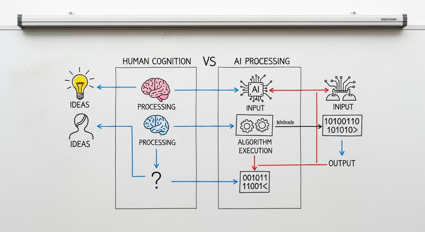 Overhead whiteboard diagram comparing human and AI cognition