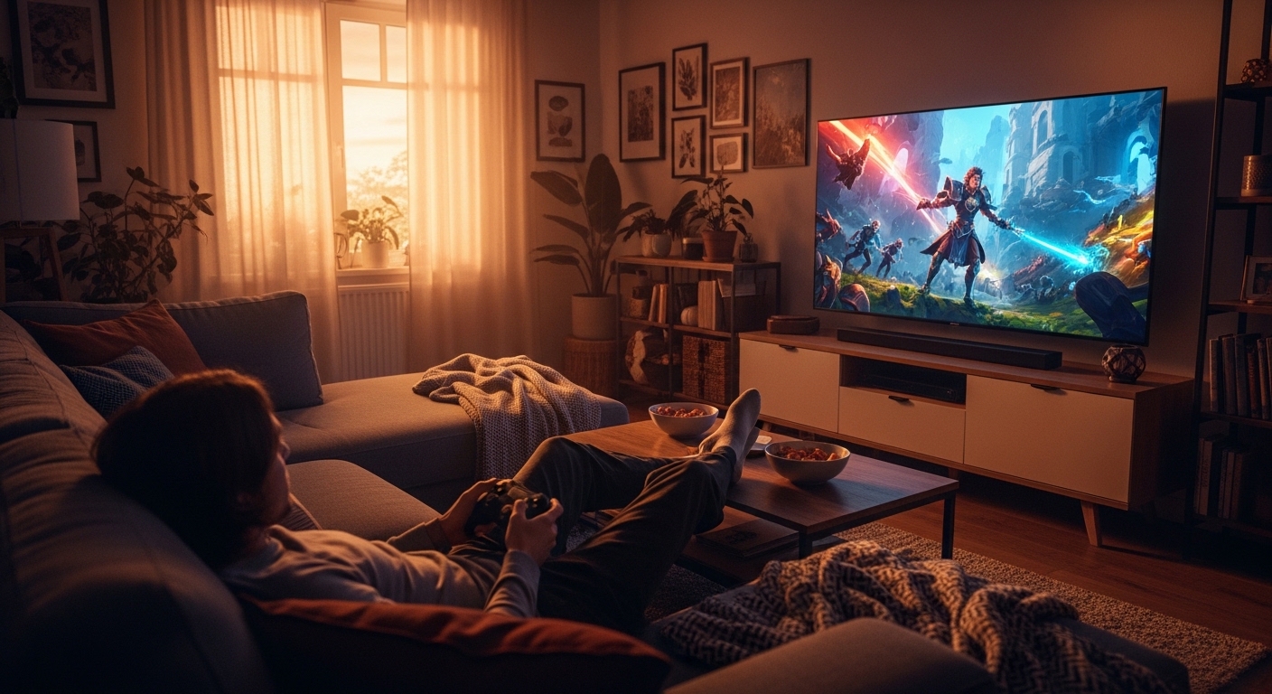 Person playing cloud games on a living room TV