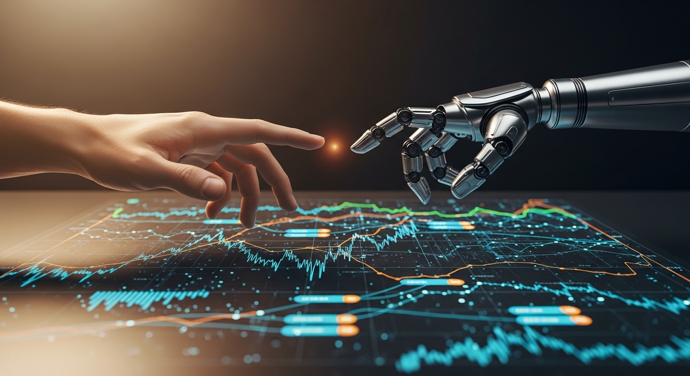 Human hand and robotic arm reaching toward each other