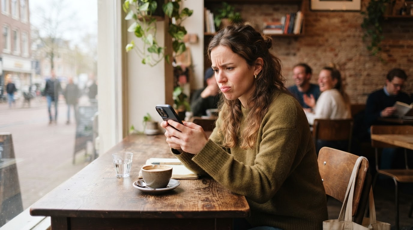 Person looking puzzled at a smartphone in a cafe