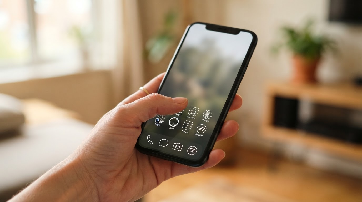 Hand holding a smartphone with a clean home screen