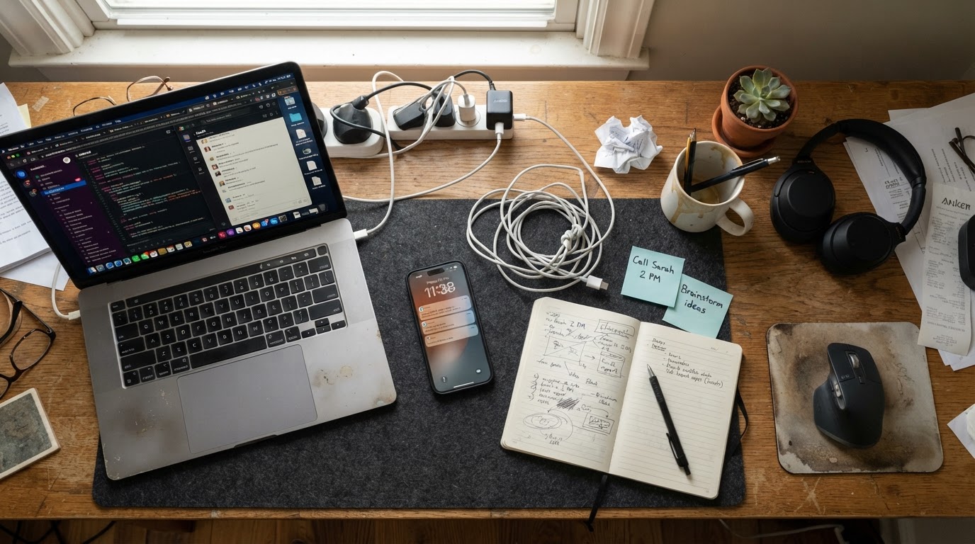 Overhead view of a desk with smartphone, laptop, and cables