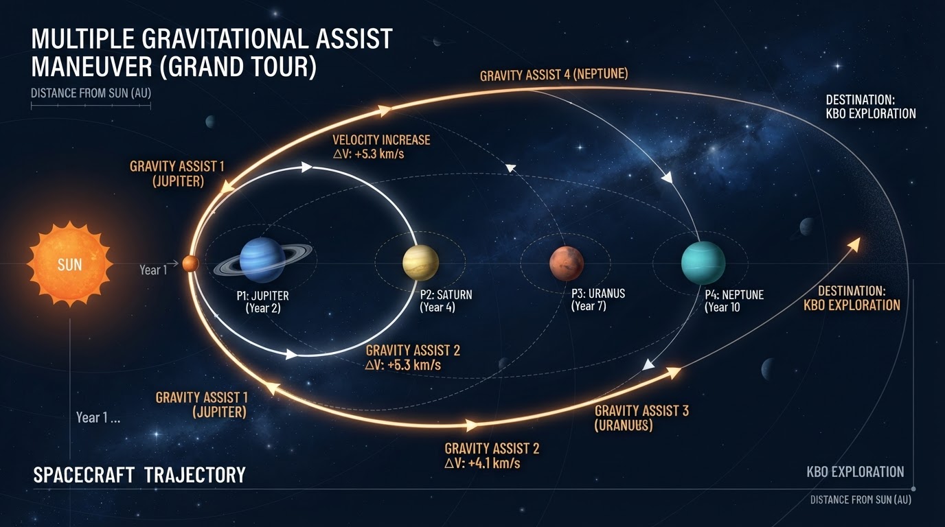 Gravity assist trajectory diagram around planets