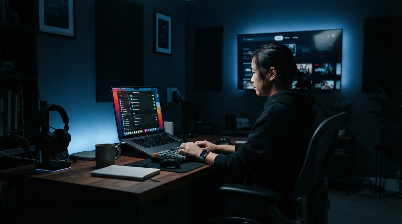 Person adjusting smart TV privacy settings at night