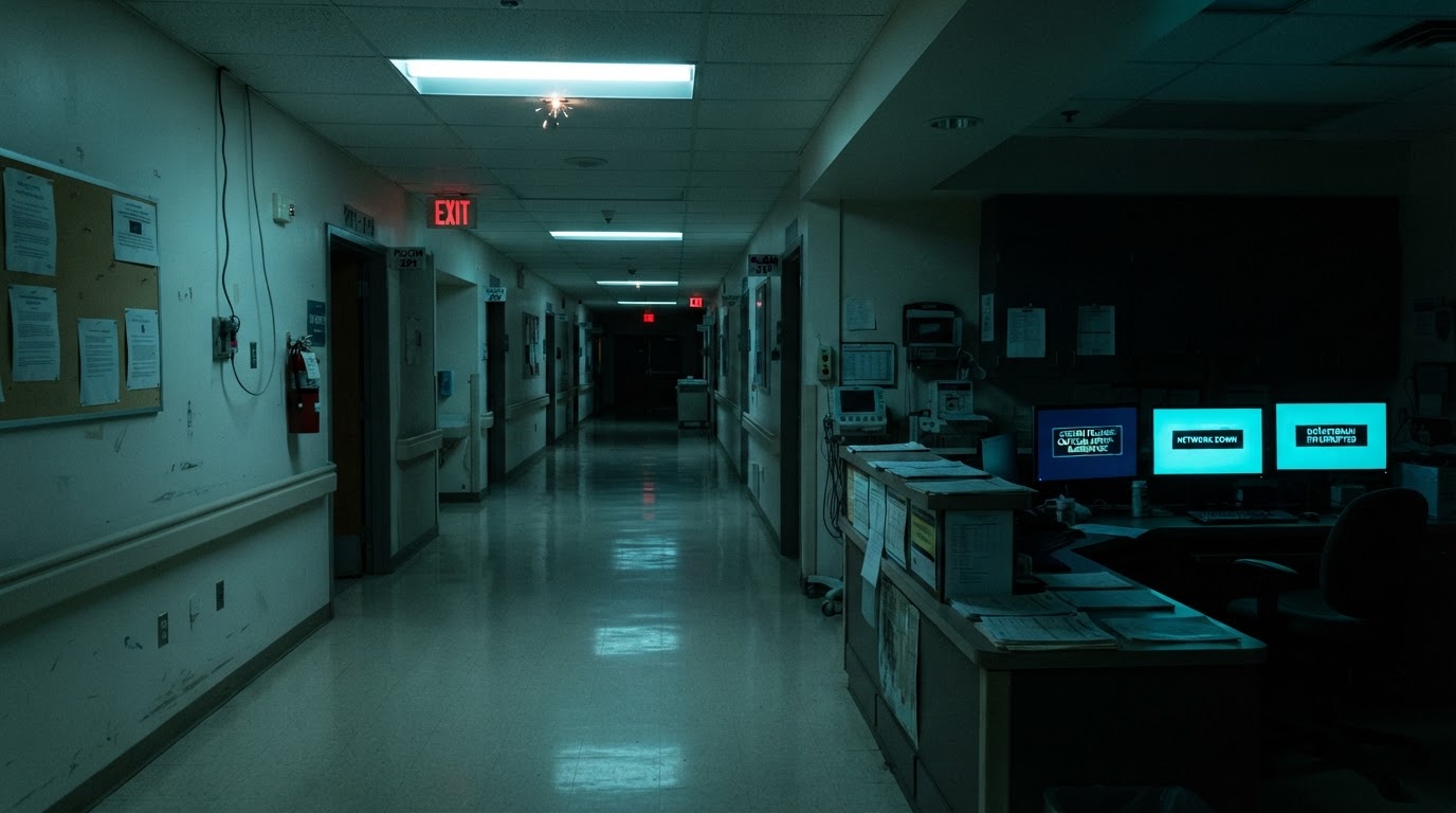 Empty hospital corridor with error screens on terminals