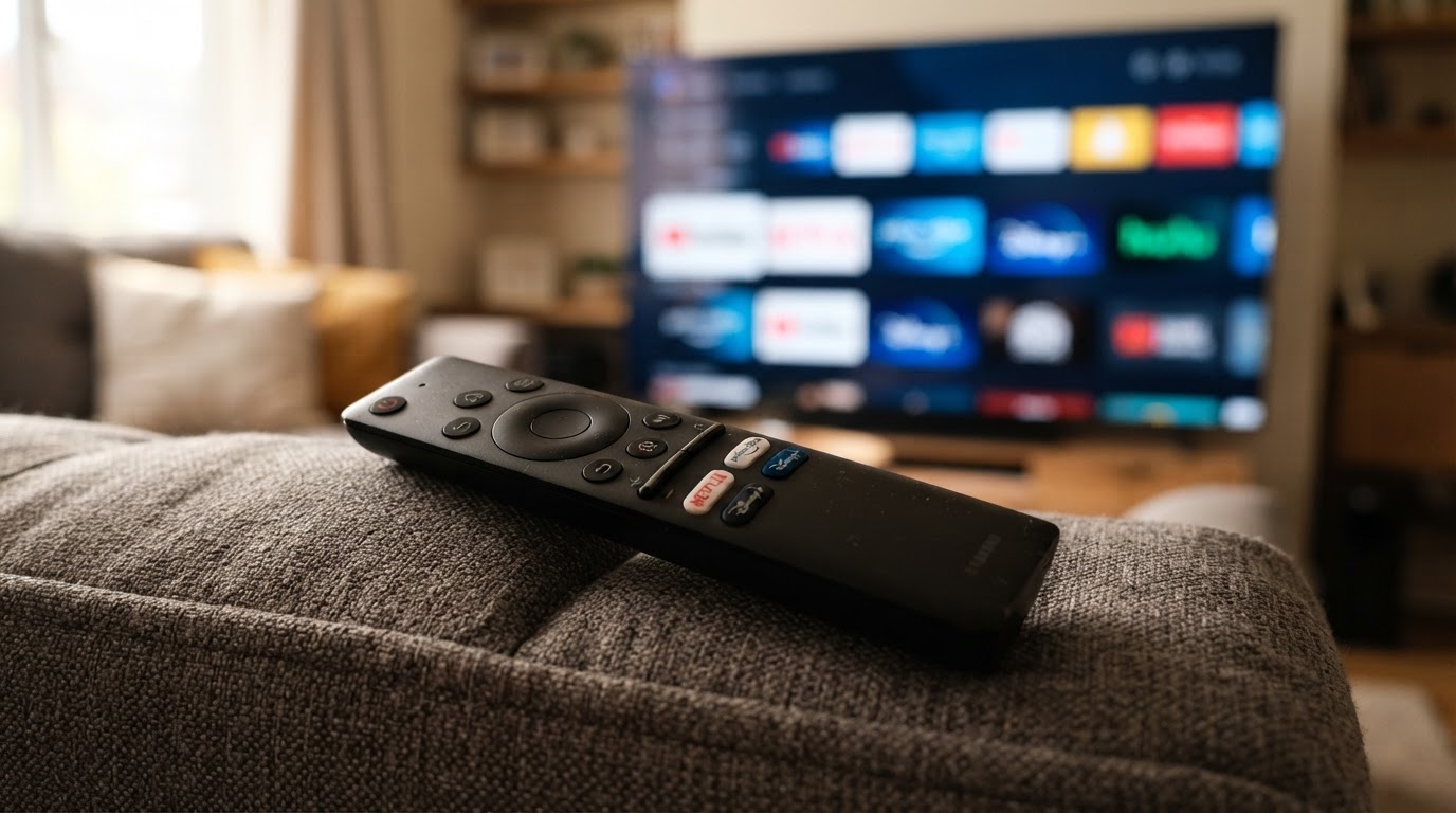 TV remote with smart TV home screen blurred behind