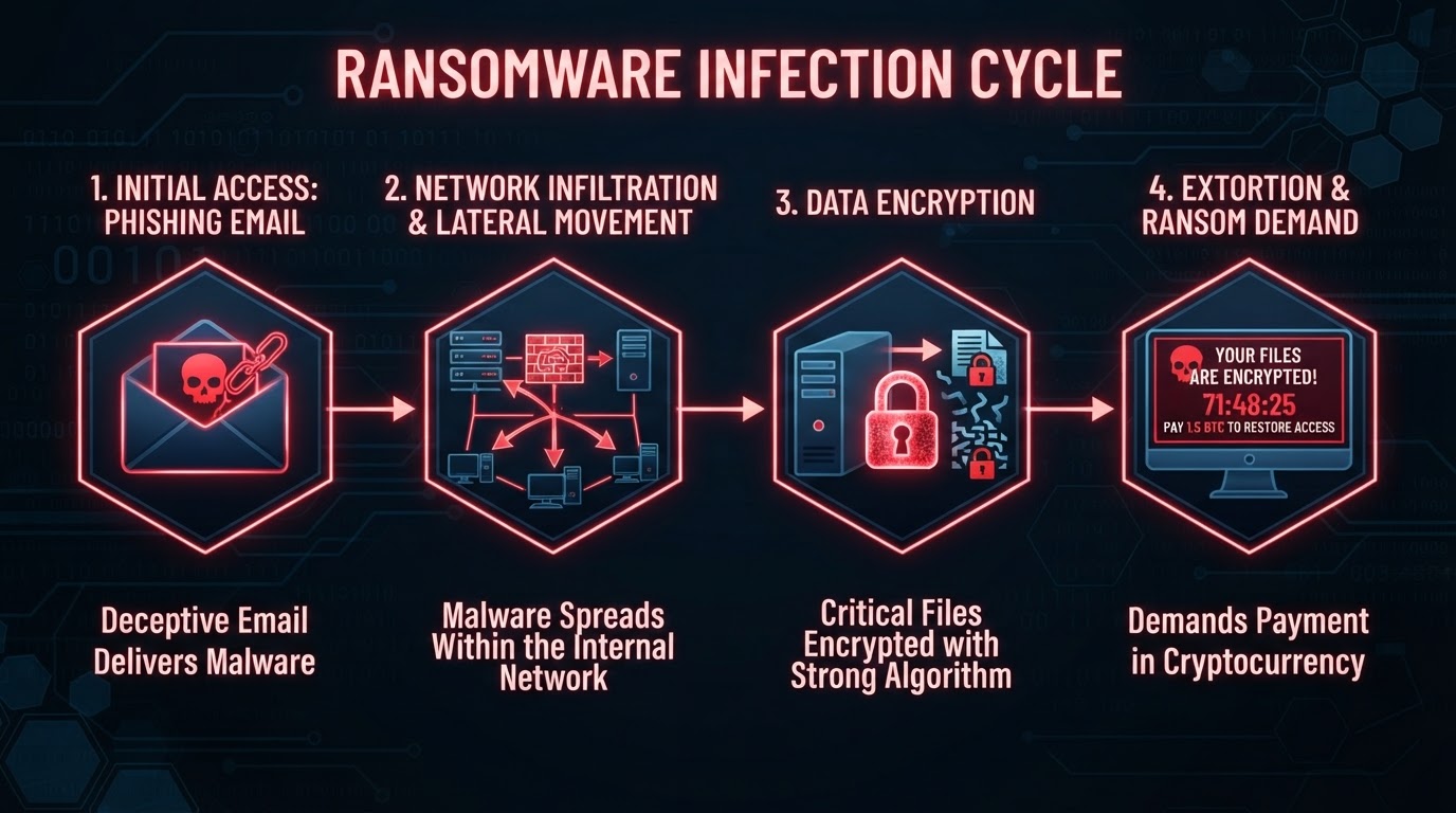 Flowchart diagram of ransomware infection stages