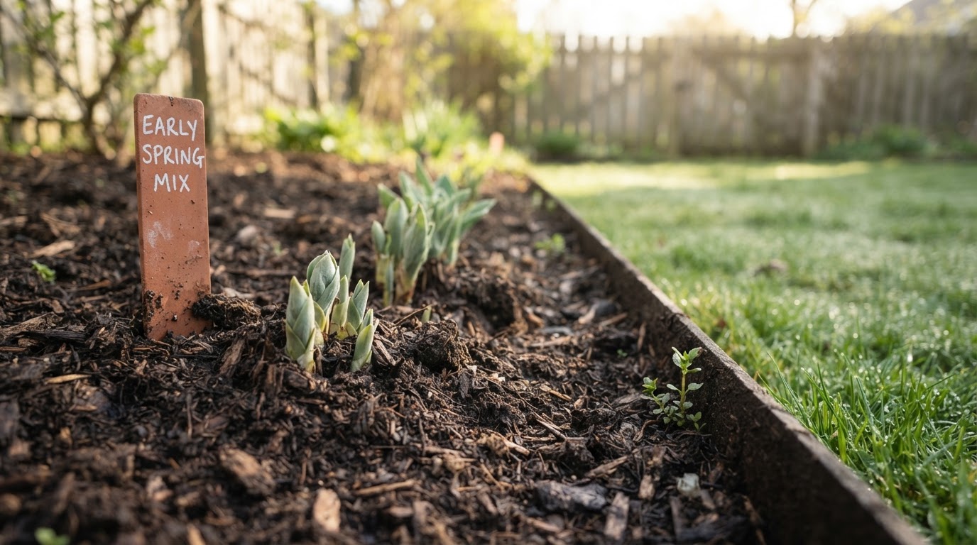 Freshly amended spring garden bed with emerging perennial growth and clean edges.