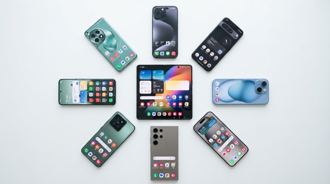 Foldable phone compared to regular smartphones overhead