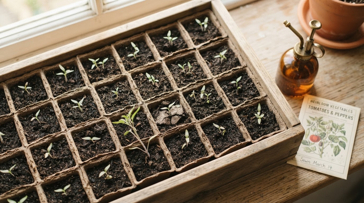 Overhead view of seed tray with tomato and pepper seedlings in biodegradable pots.
