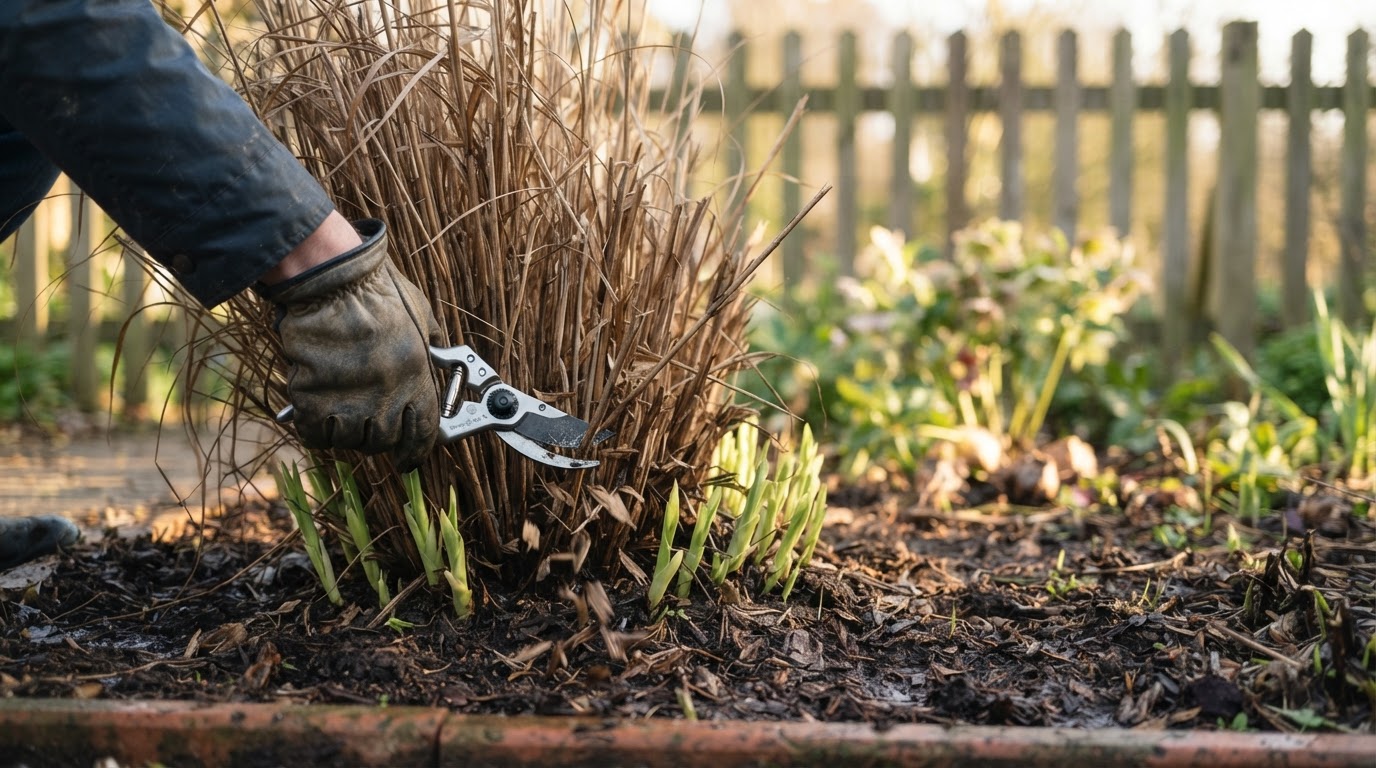 Gardener pruning dead ornamental grass stems with secateurs in spring border.