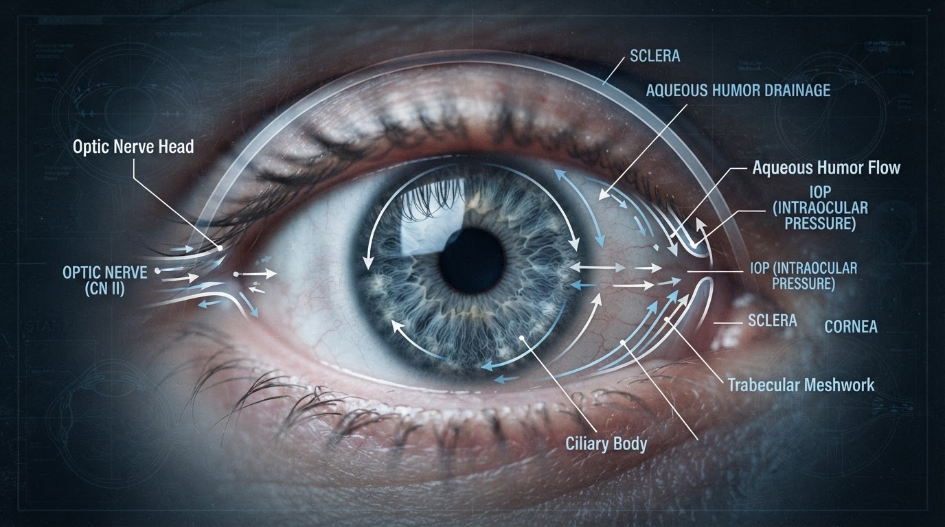 Diagram showing eye and optic nerve fluid pressure