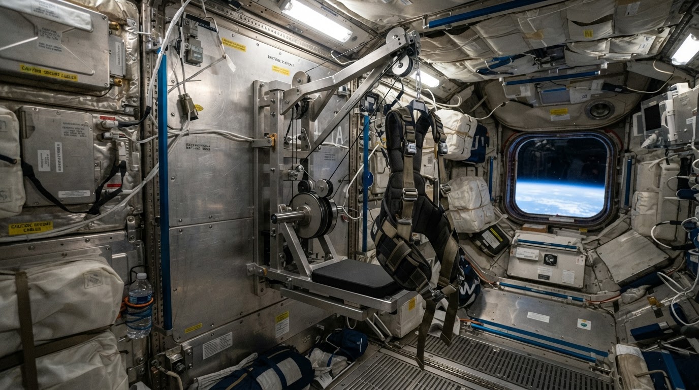 Exercise machine inside a spacecraft module
