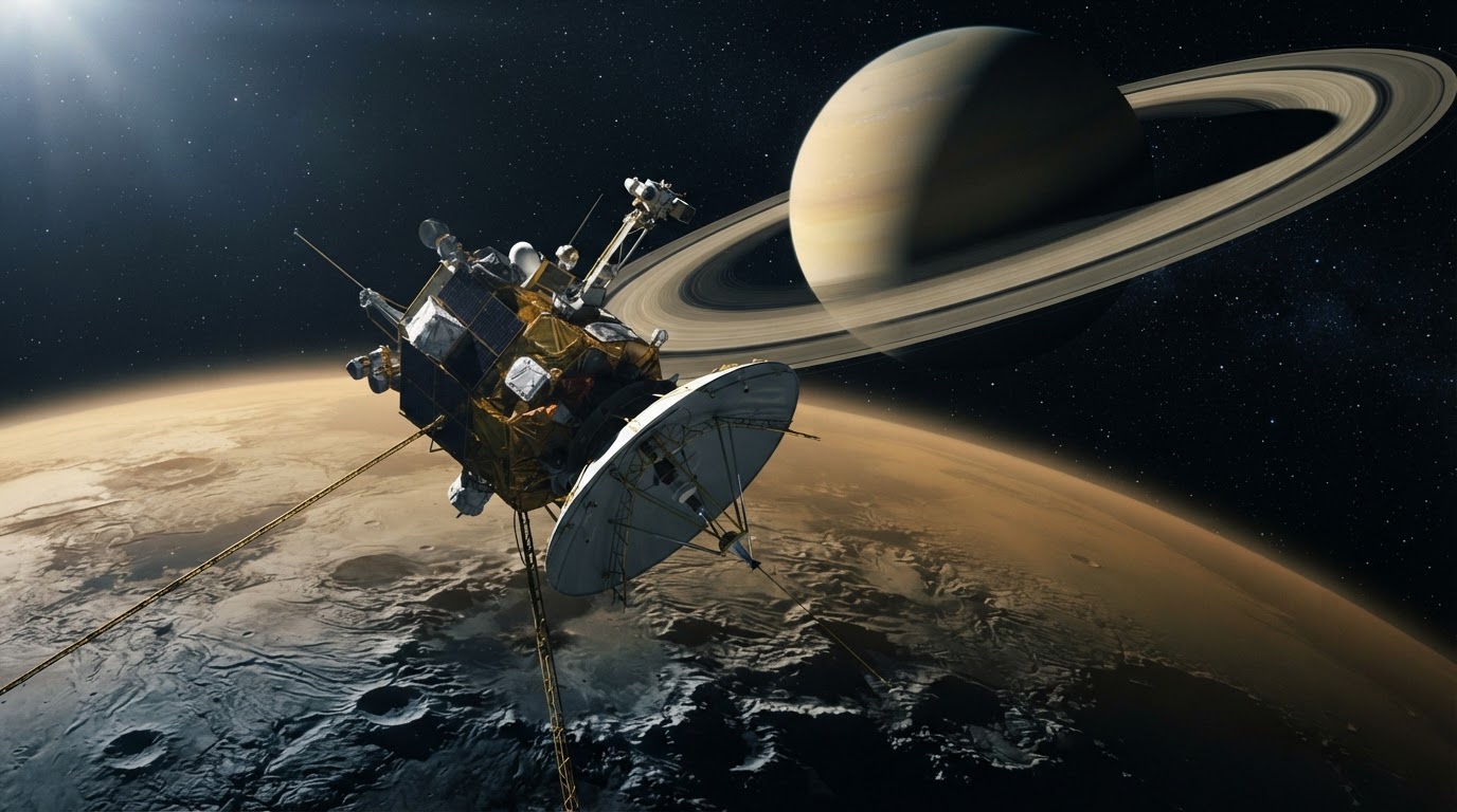Spacecraft scanning Titan's surface from orbit