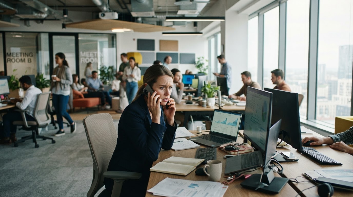 Office worker looking concerned during phone call