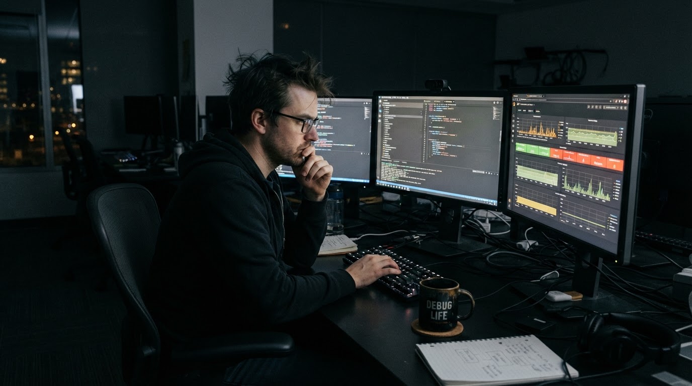 Engineer at night with multiple monitors showing system dashboards