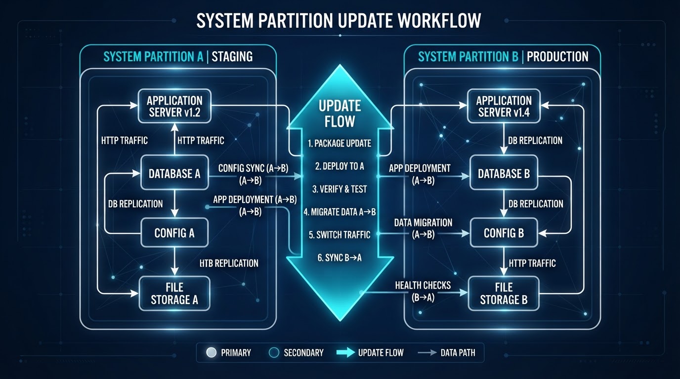 Diagram showing dual partition A/B update system flow