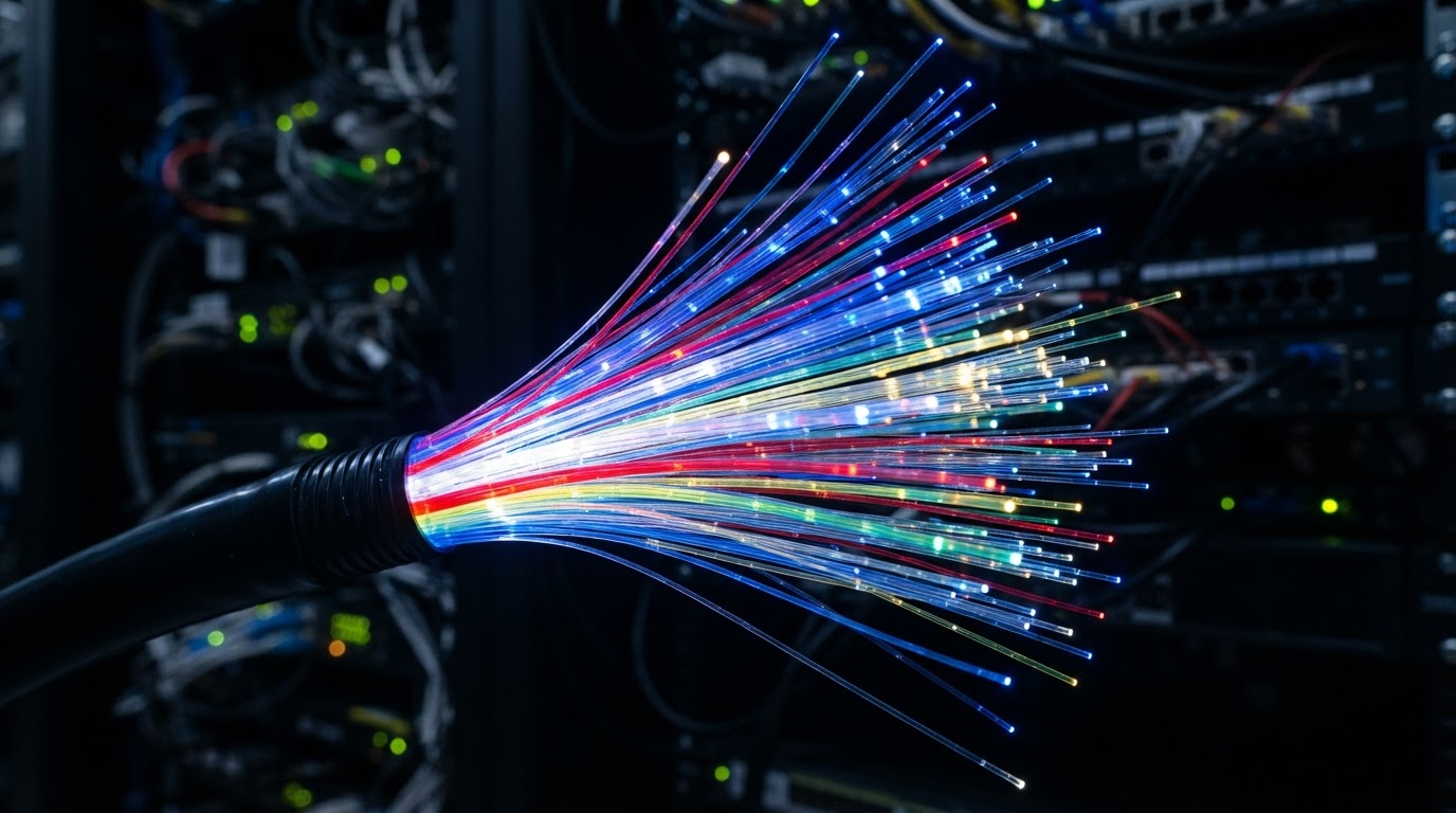 Glowing fiber optic cables bundled and fanning out