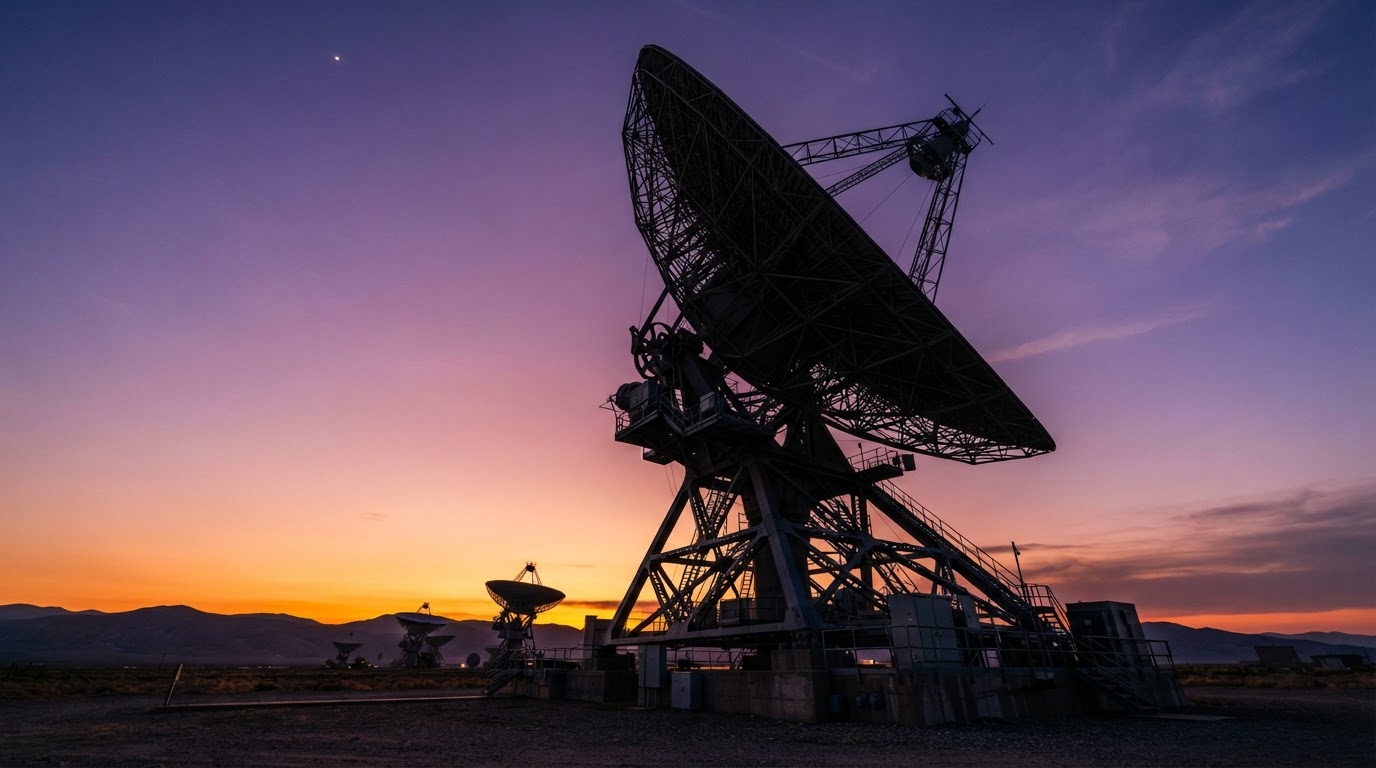 Radio telescope array silhouetted against dusk sky