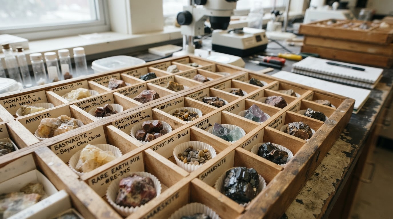 Rare earth mineral specimens in laboratory trays