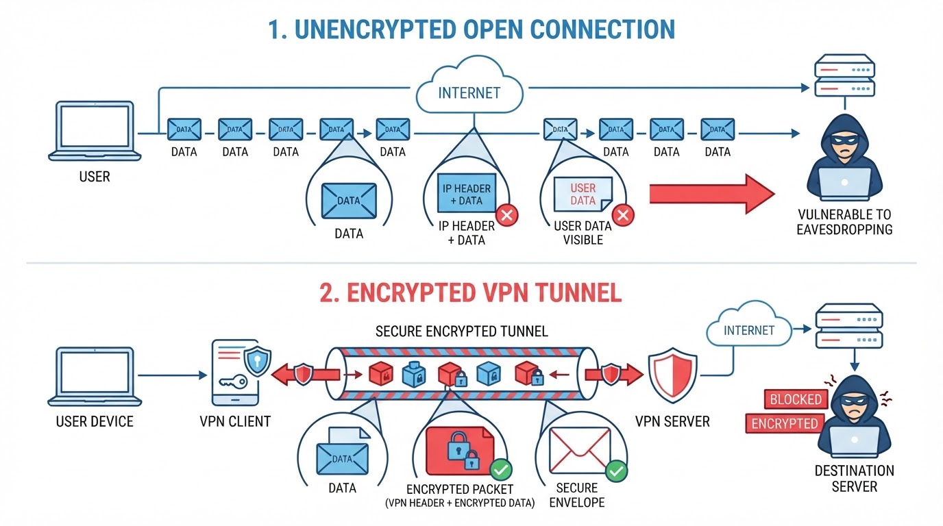 Diagram showing encrypted VPN tunnel versus open connection
