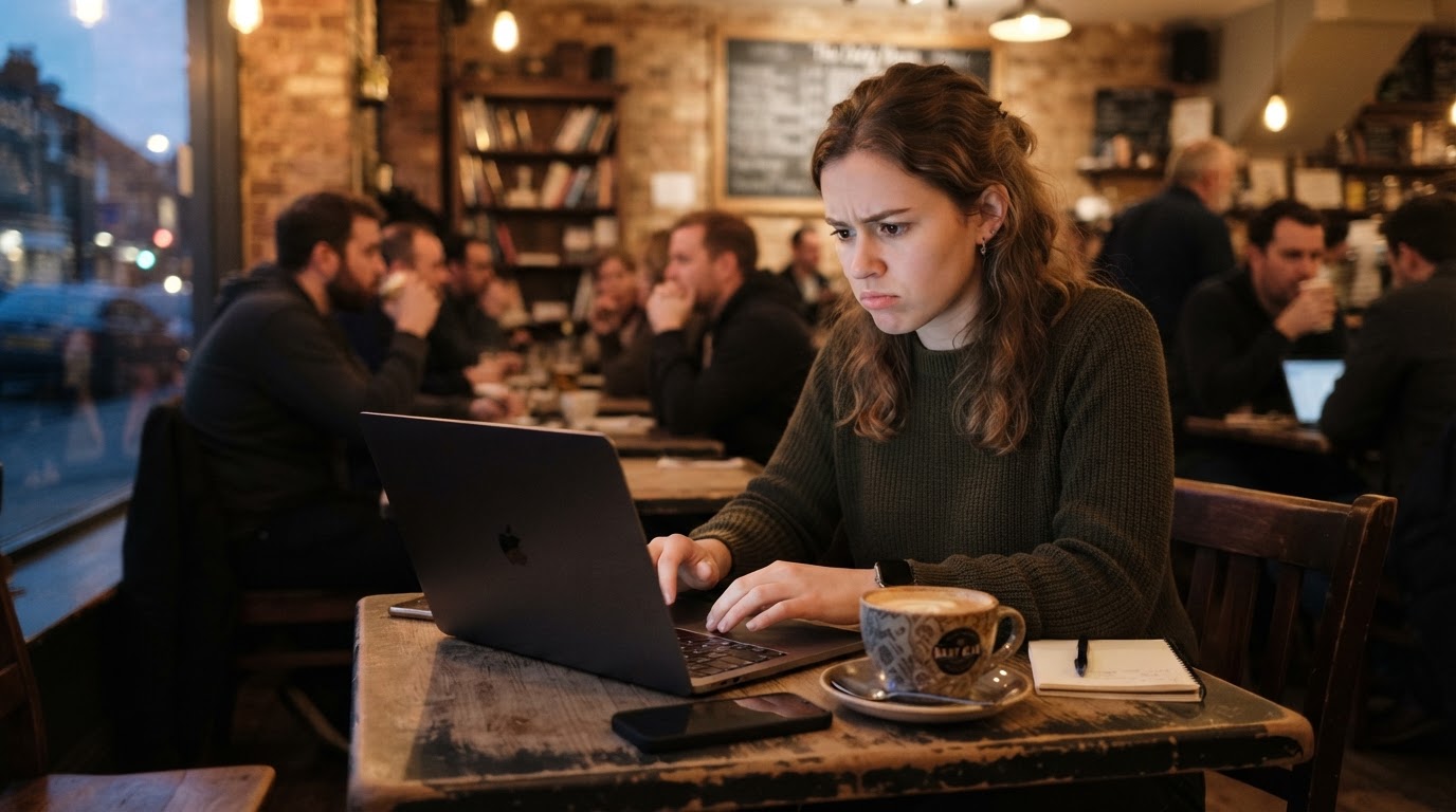 Person working on laptop at cafe with concern