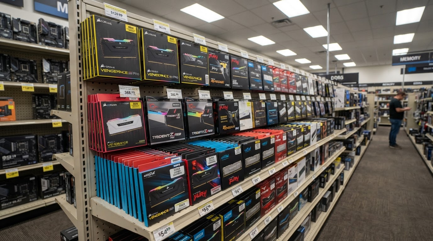 Retail RAM packaging on a computer hardware store shelf