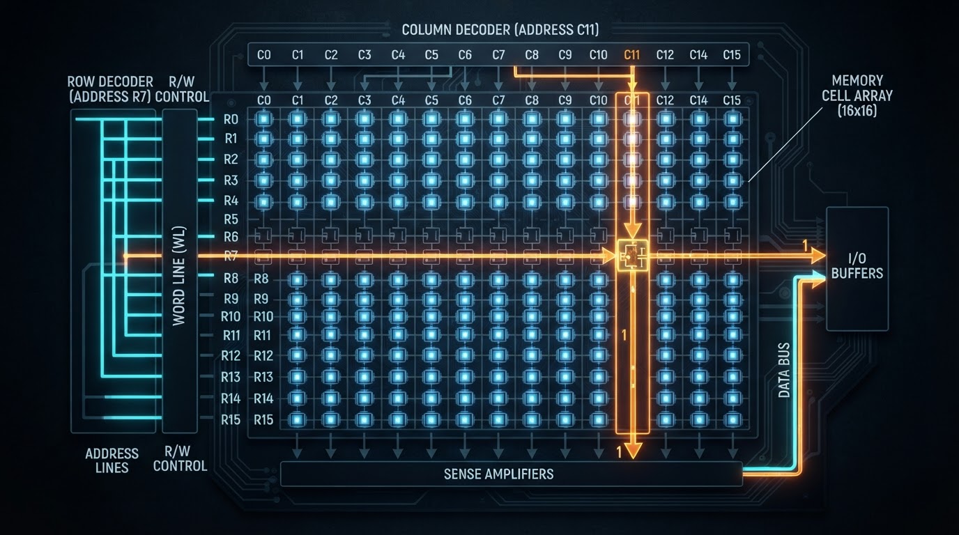 Diagram showing RAM grid rows columns and data pathways